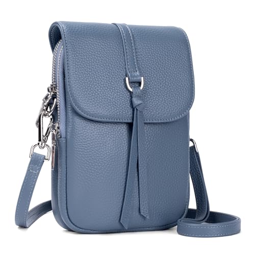 befen Umhängetasche aus echtem Leder für Damen, RFID-Handytasche, Schultertaschen, kleine Damen-Handtaschen mit mehreren Taschen, grau/blau, Small von befen