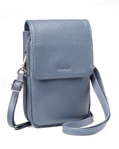 befen Umhängetasche aus echtem Leder für Damen, kleine Handy-Tasche mit RFID-blockierender, multifunktionaler Handytasche mit verstellbarem Riemen, grau/blau von befen