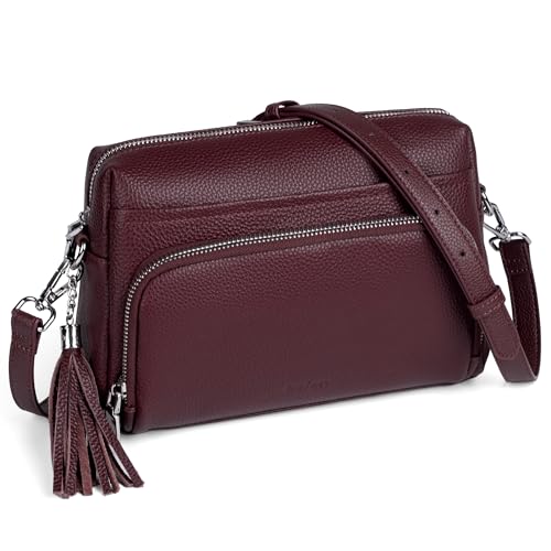 befen Umhängetasche aus echtem Leder für Damen, kleine Umhängetasche, Geldbörse mit integrierter RFID-blockierender Brieftasche, Burgunderrot Rot, Umhängetasche von befen