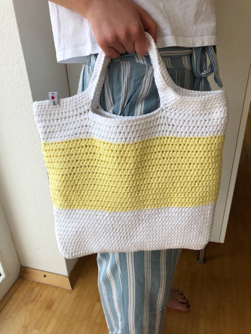 Tasche Shopper Beachbag Weiß Gelb Gestreift Mit Pastellfarbenem Vintagestofffutter von beherzt