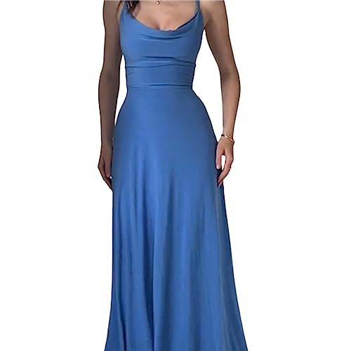Lulah Drape Maxi Dress with Built-in Bra, Summer solid Color Round Neck Sling Waist sexy Dress (M,Blue) von behound