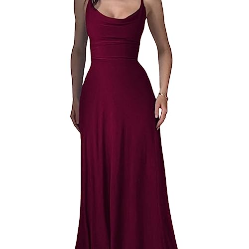 Lulah Drape Maxi Dress with Built-in Bra, Summer solid Color Round Neck Sling Waist sexy Dress (M,Wine Red) von behound