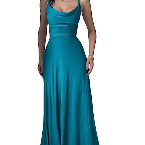 Lulah Drape Maxi Dress with Built-in Bra, Summer solid Color Round Neck Sling Waist sexy Dress (XS,Dark Blue) von behound