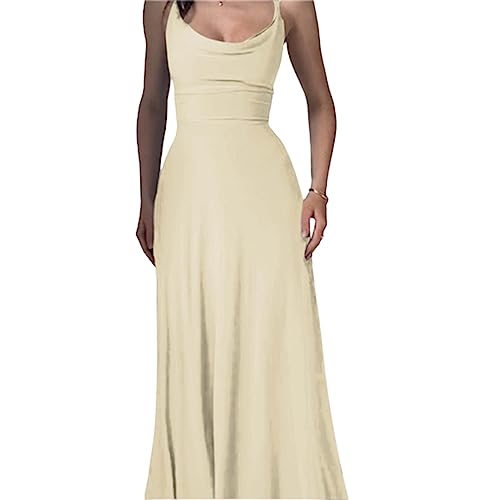 Lulah Drape Maxi Dress with Built-in Bra, Summer solid Color Round Neck Sling Waist sexy Dress (XXS,Beige) von behound