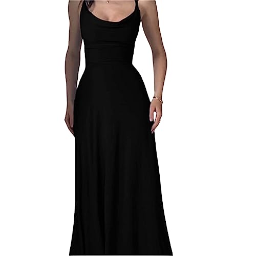 Lulah Drape Maxi Dress with Built-in Bra, Summer solid Color Round Neck Sling Waist sexy Dress (XXS,Black) von behound