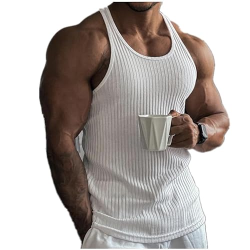 Mens Dry Fit Breathable Muscle Workout Tank Tops, Athletic Training Gym Sleeveless T-Shirt (01 White,XL) von behound