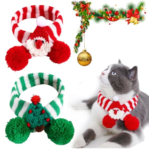 Pet Knitted Woolen Striped Christmas Scarf, Winter Neck Warmer Pet Christmas Scarf Christmas Tree Santa Adjustable Collar for Cat Dog Rabbit (M(20-38cm),Knit) von behound