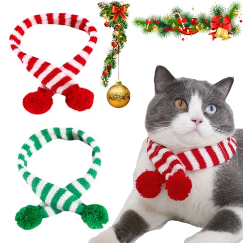 Pet Knitted Woolen Striped Christmas Scarf, Winter Neck Warmer Pet Christmas Scarf Christmas Tree Santa Adjustable Collar for Cat Dog Rabbit (M(20-38cm),Stripe) von behound