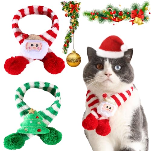 Pet Knitted Woolen Striped Christmas Scarf, Winter Neck Warmer Pet Christmas Scarf Christmas Tree Santa Adjustable Collar for Cat Dog Rabbit (S(15cm-28cm),Plush) von behound