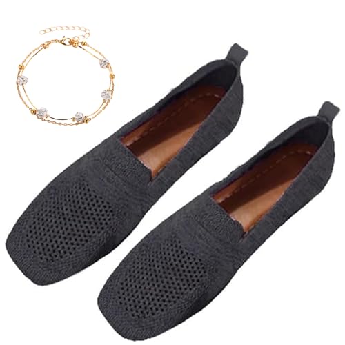 Women Comfortable Arch Support Non-Slip Flat Shoes, Plus Size Womens Lightweight Breathable Knit Square Toe Flats, Ladies Comfort Slip Ons Orthopaedic Walking Shoes (Black,37) von behound