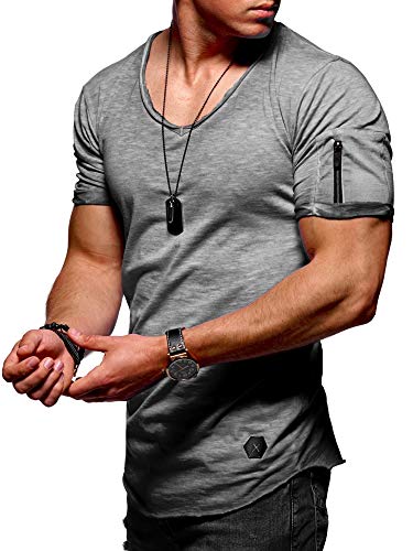 Herren Kurzarm Basic T-Shirt V-Neck Ausschnitt Oversize-Look Zipper 20-1791 Dunkelgrau L von behype.