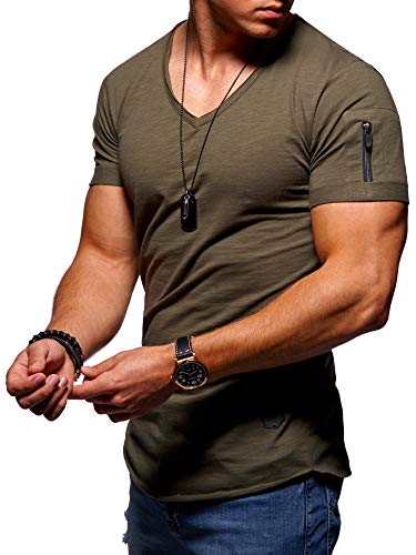 Herren Kurzarm Basic T-Shirt V-Neck Ausschnitt Oversize-Look Zipper 20-1791 Khaki L von behype.