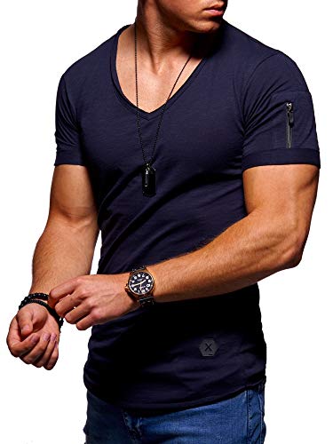 Herren Kurzarm Basic T-Shirt V-Neck Ausschnitt Oversize-Look Zipper 20-1791 Navy 3XL von behype.