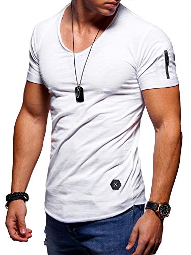 Herren Kurzarm Basic T-Shirt V-Neck Ausschnitt Oversize-Look Zipper 20-1791 Weiß M von behype.