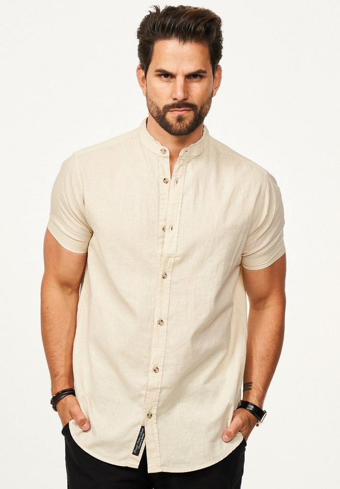 behype Kurzarmhemd als Sommerhemd aus Leinen im Regular-Fit Herren Leinenhemd Freizeithemd mit Stehkragen von behype