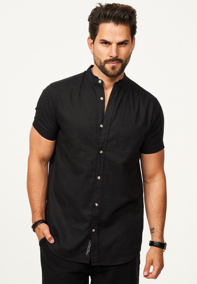 behype Kurzarmhemd als Sommerhemd aus Leinen im Regular-Fit Herren Leinenhemd Freizeithemd mit Stehkragen von behype