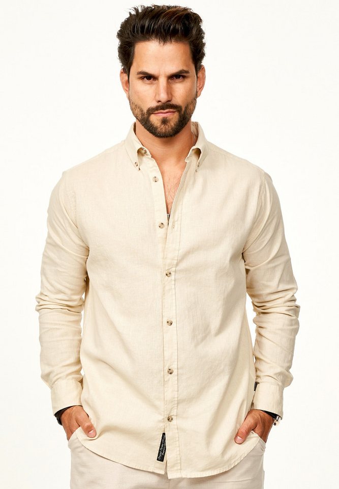 behype Langarmhemd aus Leinen im Regular-Fit Sommerhemd Herren Leinenhemd Freizeithemd mit Button-Down-Kragen von behype