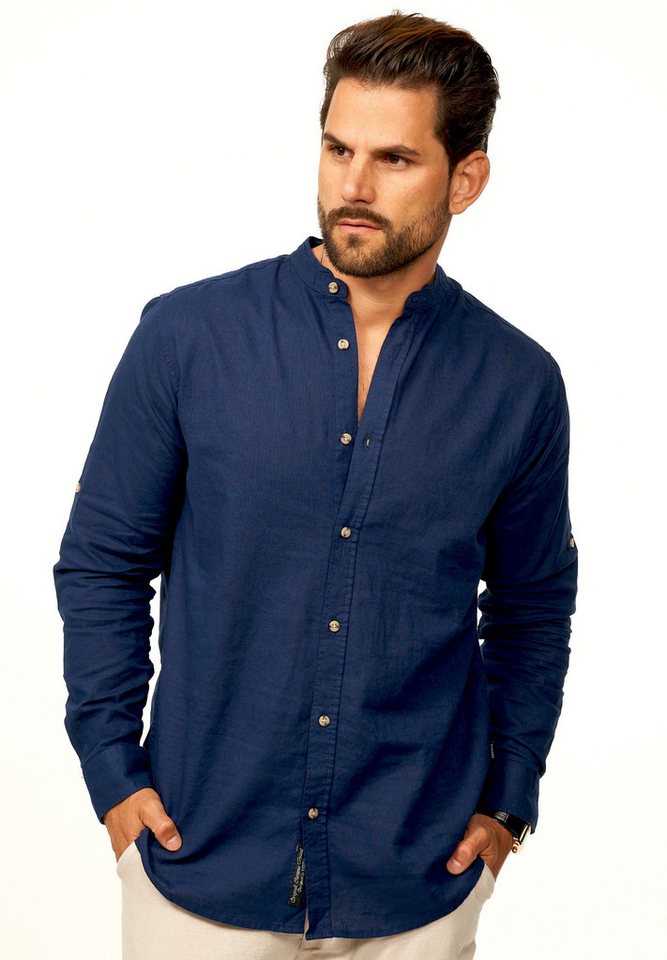 behype Langarmhemd aus Leinen im Regular-Fit Sommerhemd Herren Leinenhemd Freizeithemd mit Stehkragen & Krempelfunktion von behype