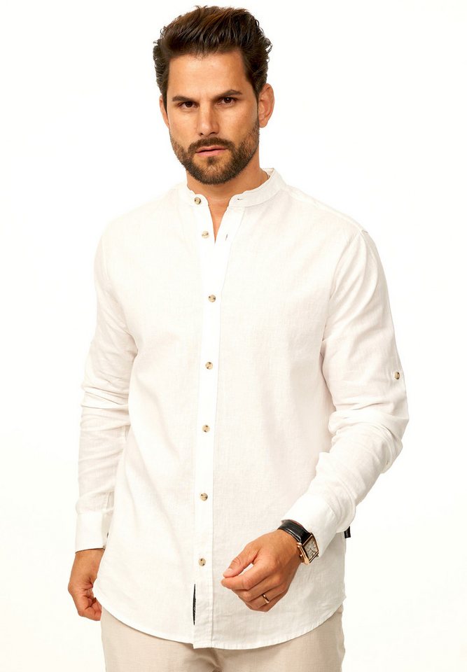 behype Langarmhemd aus Leinen im Regular-Fit Sommerhemd Herren Leinenhemd Freizeithemd mit Stehkragen & Krempelfunktion von behype
