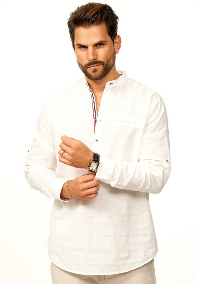 behype Langarmhemd aus Leinen im Regular-Fit Tunikahmed Herren Leinenhemd Freizeithemd mit Stehkragen als Sommerhemd von behype