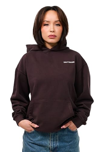 behype. Damen Heavy Oversize Hoodie Kapuzenpullover Einfarbig Pullover Unifarben Kapuzen-Sweatshirt Für Frauen DC_Damen_6032-Chocolate Brown Washed-XL von behype.