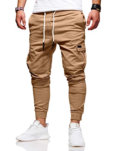 behype. Herren Cargohose Chinohose Jogger Jeans-Hose Stretch Stoffhose Freizeithose mit Gummibund 80-8393 Beige W34 von behype.