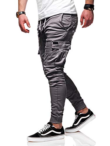 behype. Herren Cargohose Chinohose Jogger Jeans-Hose Stretch Stoffhose Freizeithose mit Gummibund 80-8393 Dunkelgrau W29 von behype.
