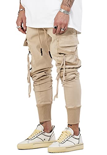 behype. Herren Cargo Hose Jogger Jeans-Hose mit Zipper-Tasche 80-1549 Beige W30/L32 von behype.