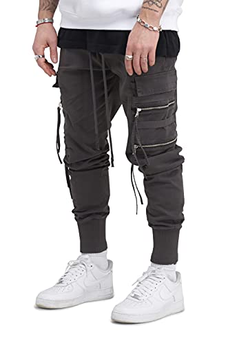 behype. Herren Cargo Hose Jogger Jeans-Hose mit Zipper-Tasche 80-1549 Dunkelgrau W32/L32 von behype.