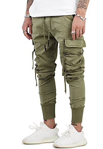 behype. Herren Cargo Hose Jogger Jeans-Hose mit Zipper-Tasche 80-1549 Khaki W29/L32 von behype.