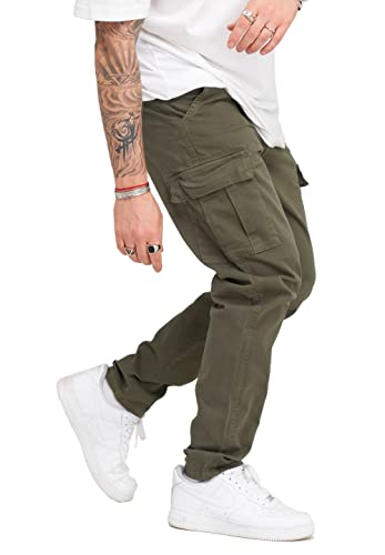 behype. Herren Cargohose Jeans-Hose mit Cargo-Taschen Stretch Männer Regular-Fit BH_3844-Khaki-W30/L32 von behype.