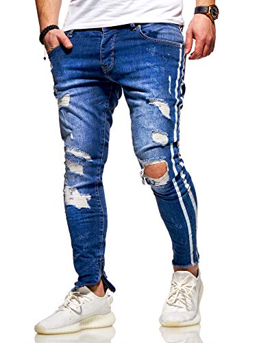 behype. Herren Destroyed Stretch Jeans-Hose im Used-Look mit Side-Stripe 80-0496 (W31/L32, Blau) von behype.