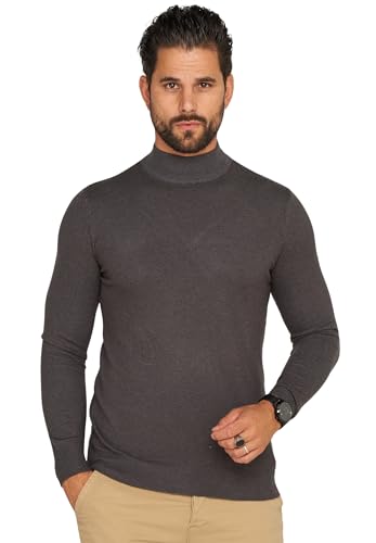 behype. Herren Feinstrick-Pullover Strickpullover mit Stehkragen Rollkragen Pulli Rolli Casual & Business Slim Fit BH_0050-Dunkelgrau-L von behype.