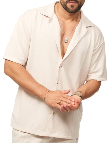 behype. Herren Hemd Kurzarm Feinstrick Overshirt Knit Freizeithemd T-Shirt Regular-Fit Vintage Sommer-Look CR_9272-Beige-L von behype.