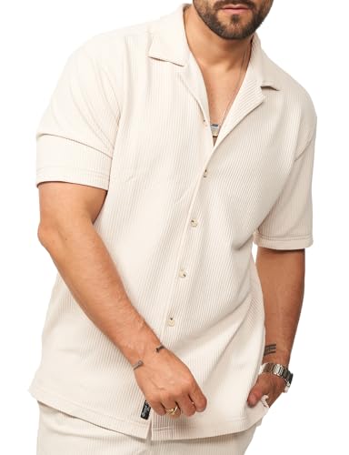 behype. Herren Hemd Kurzarm Feinstrick Overshirt Knit Freizeithemd T-Shirt Regular-Fit Vintage Stripe Sommer-Look CR_9264-Beige-M von behype.