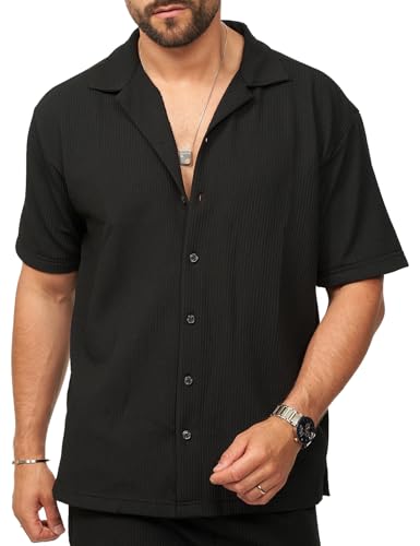 behype. Herren Hemd Kurzarm Feinstrick Overshirt Knit Freizeithemd T-Shirt Regular-Fit Vintage Stripe Sommer-Look CR_9264-Black-M von behype.