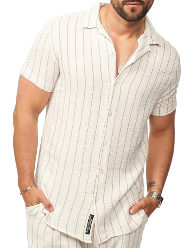 behype. Herren Hemd Kurzarm Feinstrick Overshirt Knit Freizeithemd T-Shirt Regular-Fit Vintage Stripe Sommer-Look CR_9319-Weiß-L von behype.