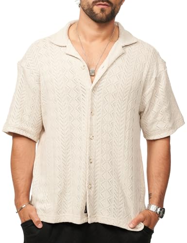 behype. Herren Hemd Kurzarm Strick Overshirt Knit Freizeithemd T-Shirt Oversize Regular-Fit Vintage Sommer-Look CR_9250-Beige-XL von behype.