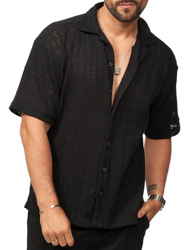 behype. Herren Hemd Kurzarm Strick Overshirt Knit Freizeithemd T-Shirt Oversize Regular-Fit Vintage Sommer-Look CR_9250-Black-L von behype.