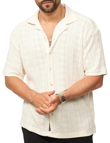 behype. Herren Hemd Kurzarm Strick Overshirt Knit Freizeithemd T-Shirt Oversize Regular-Fit Vintage Sommer-Look CR_9250-Ecru-L von behype.