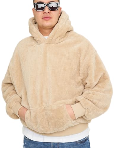 behype. Herren Hoodie Oversize Teddy-Fell Kapuzenpullover Kapuzensweatshirt Einfarbig Fleecepulli Sweatshirt Weicher Basic Pullover S2_7474-Beige-S von behype.