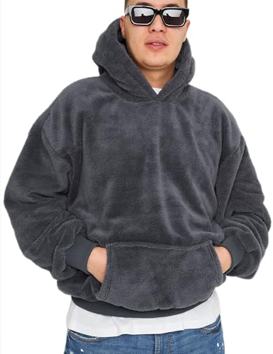 behype. Herren Hoodie Oversize Teddy-Fell Kapuzenpullover Kapuzensweatshirt Einfarbig Fleecepulli Sweatshirt Weicher Basic Pullover S2_7474-Dunkelgrau-XXL von behype.