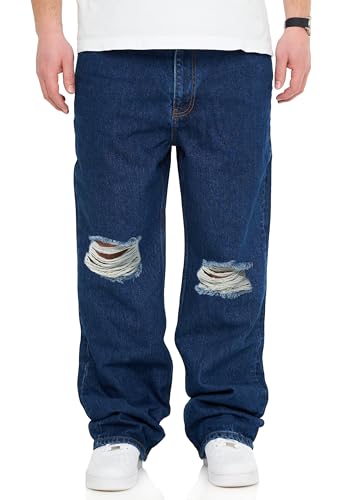 behype. Herren Jeans Ripped Loose-Fit Jeanshose 100% Baumwolle Denim Baggy Hose Straight-Leg Used Look Men's DC_JN-249-Medium Blue-W34/L32 von behype.