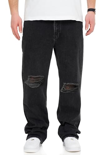behype. Herren Jeans Ripped Loose-Fit Jeanshose 100% Baumwolle Denim Baggy Hose Straight-Leg Used Look Men's DC_JN-249-Washed Black-W33/L32 von behype.