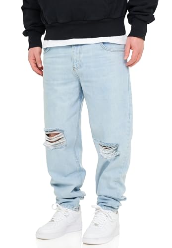 behype. Herren Jeans Ripped Tapered-Fit Jeanshose 100% Baumwolle Denim Baggy Hose Used Look Men's DC_JN-244-Ice Blue-W36/L32 von behype.