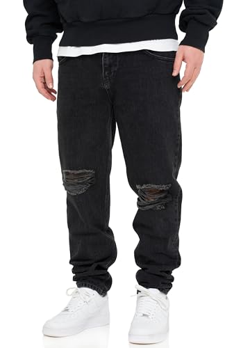 behype. Herren Jeans Ripped Tapered-Fit Jeanshose 100% Baumwolle Denim Baggy Hose Used Look Men's DC_JN-244-Washed Black-W33/L32 von behype.