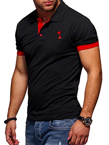 behype. Herren Kurzarm Basic Kontrast Polo-Shirt 20-0337 Schwarz-Rot M von behype.