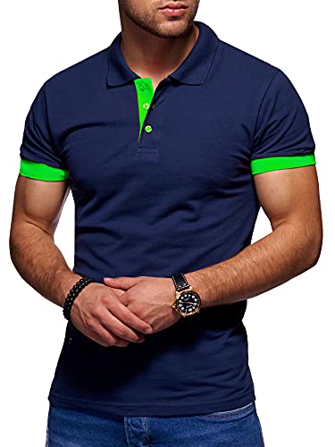 behype. Herren Kurzarm Basic Kontrast Polo-Shirt 20-3011 Navy-Grün S von behype.