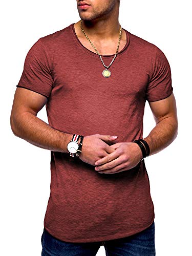 behype. Herren Kurzarm Basic T-Shirt O-Neck Rundhals-Ausschnitt Oversize-Look 20-0003 (L, Weinrot_Washed) von behype.