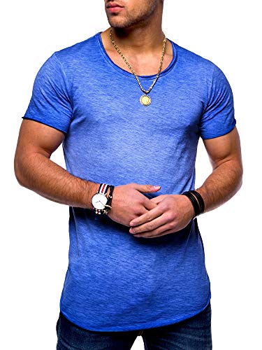 behype. Herren Kurzarm Basic T-Shirt O-Neck Rundhals-Ausschnitt Oversize-Look 20-0003 Blau L von behype.